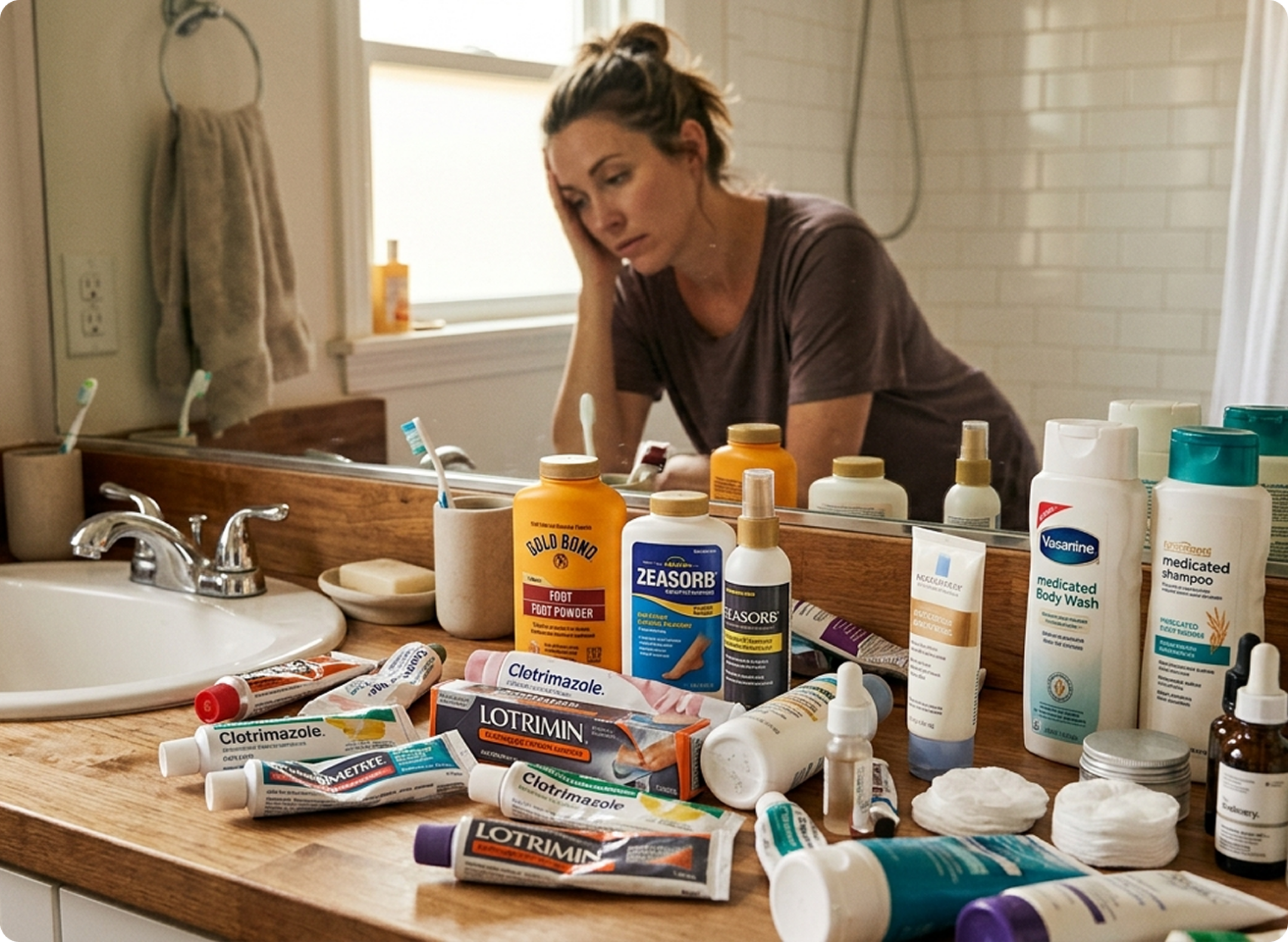 A woman looks stressed in a bathroom mirror, her counter covered with many different medicated skin products.