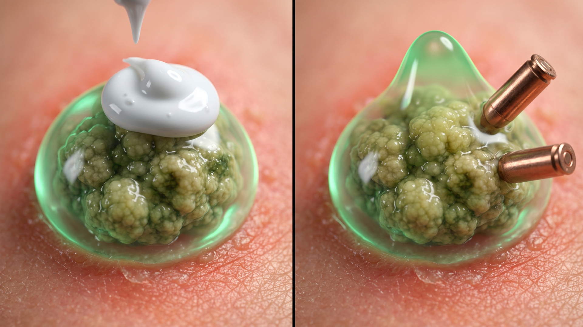 A split-panel image showing a growth on skin, with cream applied on the left and bullets inserted on the right.