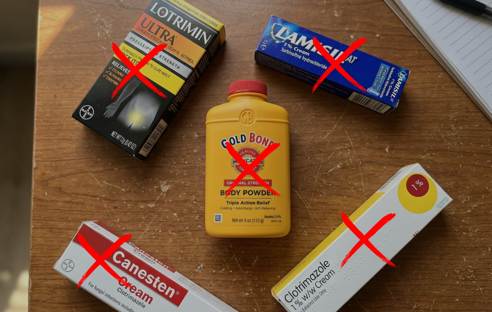 Several antifungal creams and powders on a desk, each crossed out with a red X.