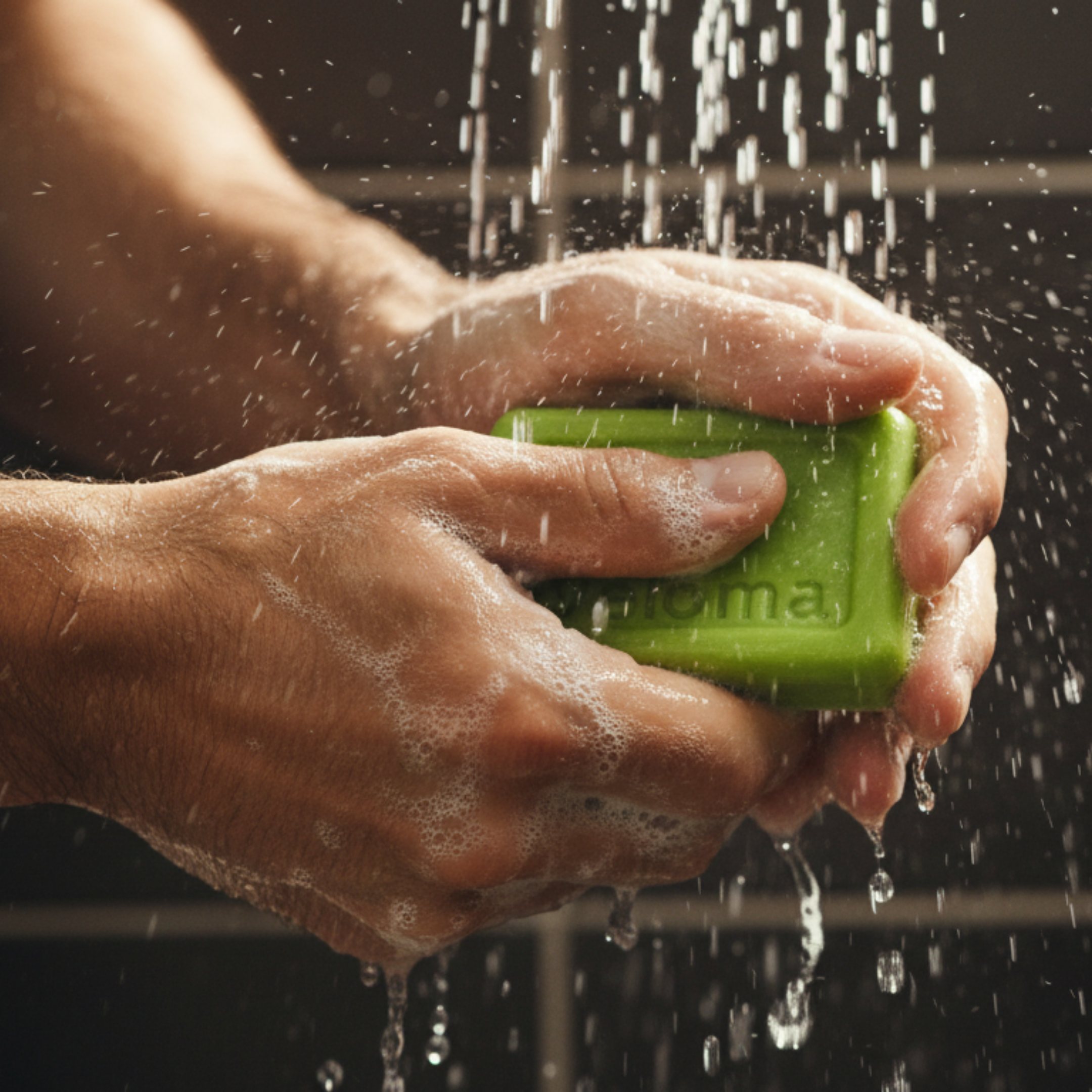 A close-up of a person's hands lathering a green bar of soap under running water.