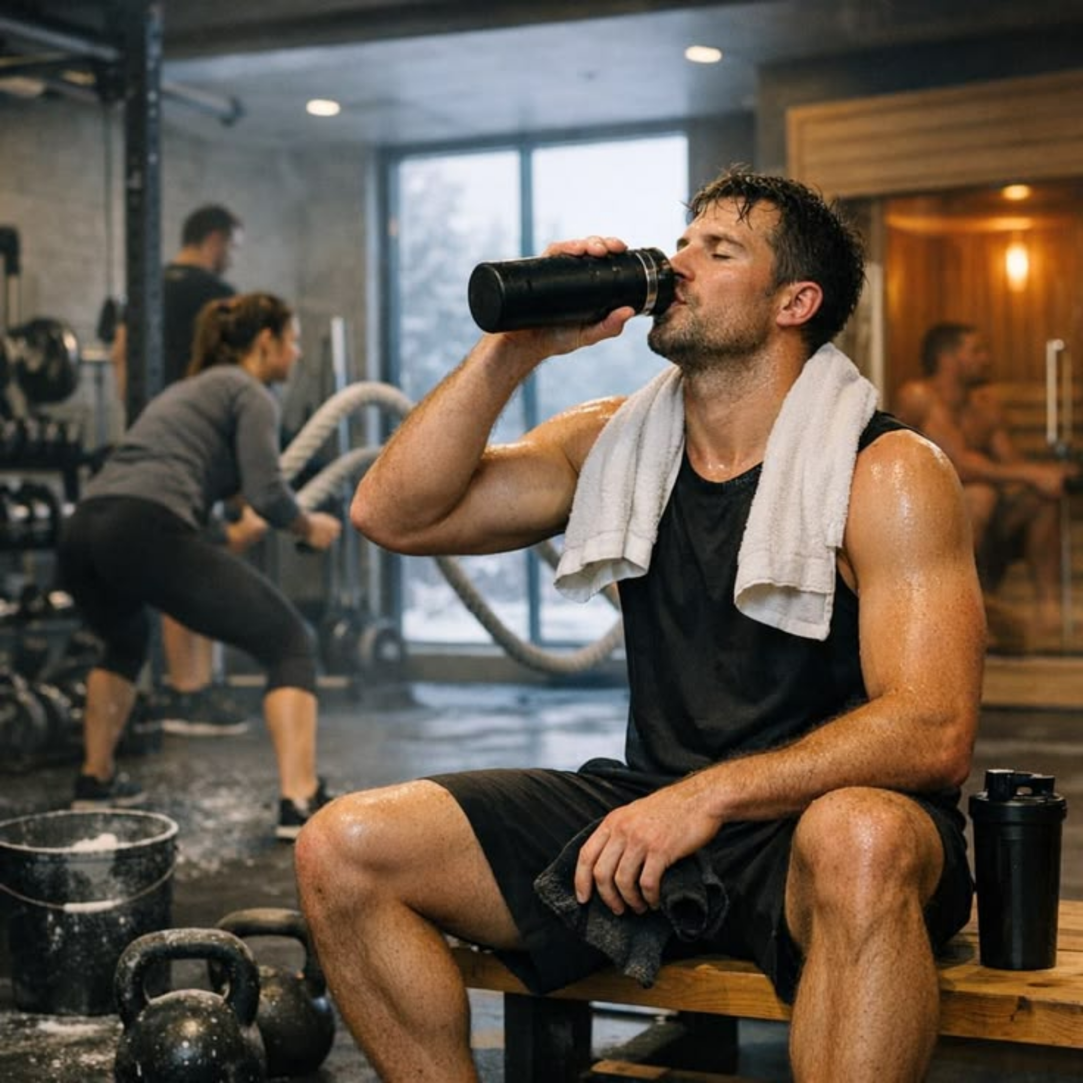 A sweaty man sits on a bench in a gym, drinking from a water bottle after a workout.