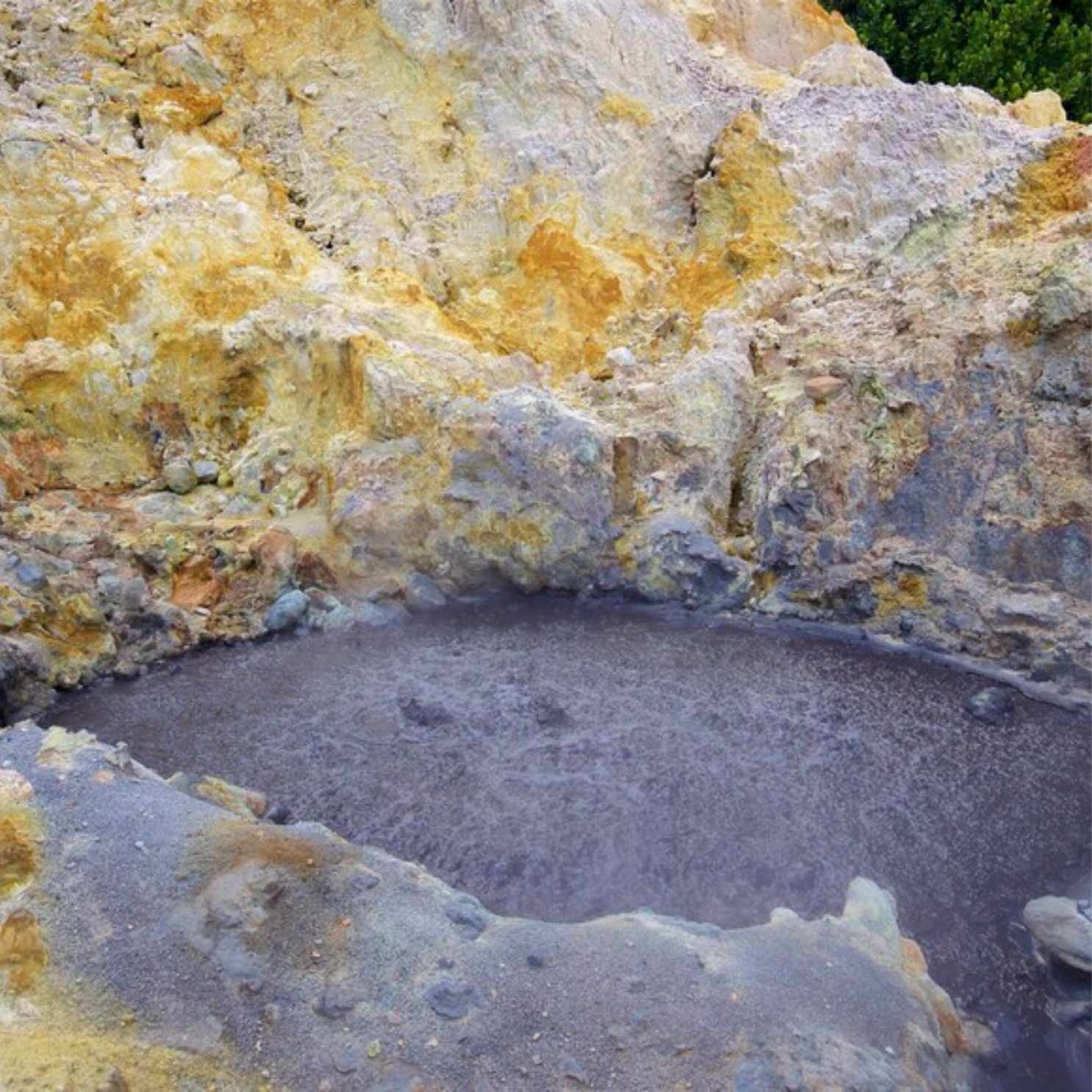 A bubbling, dark gray mud pot is surrounded by yellow and gray volcanic rock.