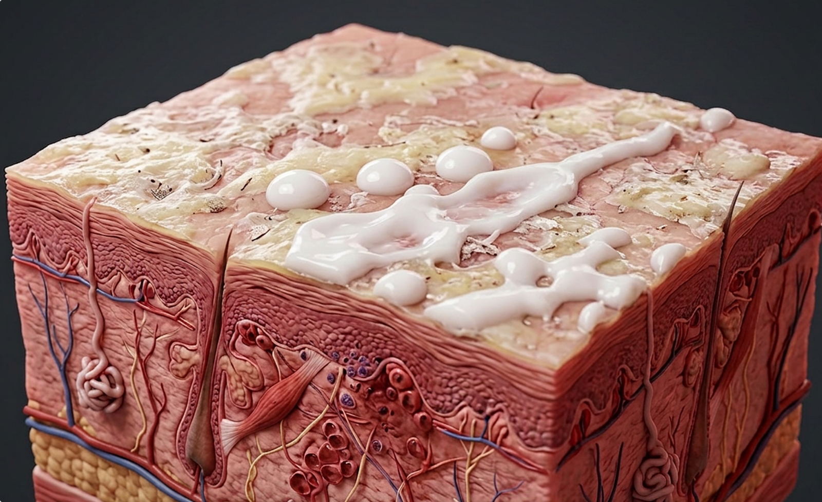 An anatomical model of a skin cross-section with a dry, flaky surface and white cream applied on top.