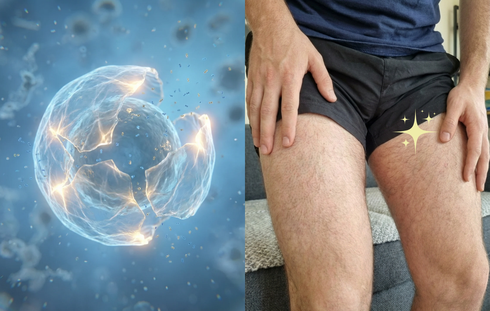 A split-screen image showing a cracking cell and a close-up of a person's thigh with a sparkle graphic.