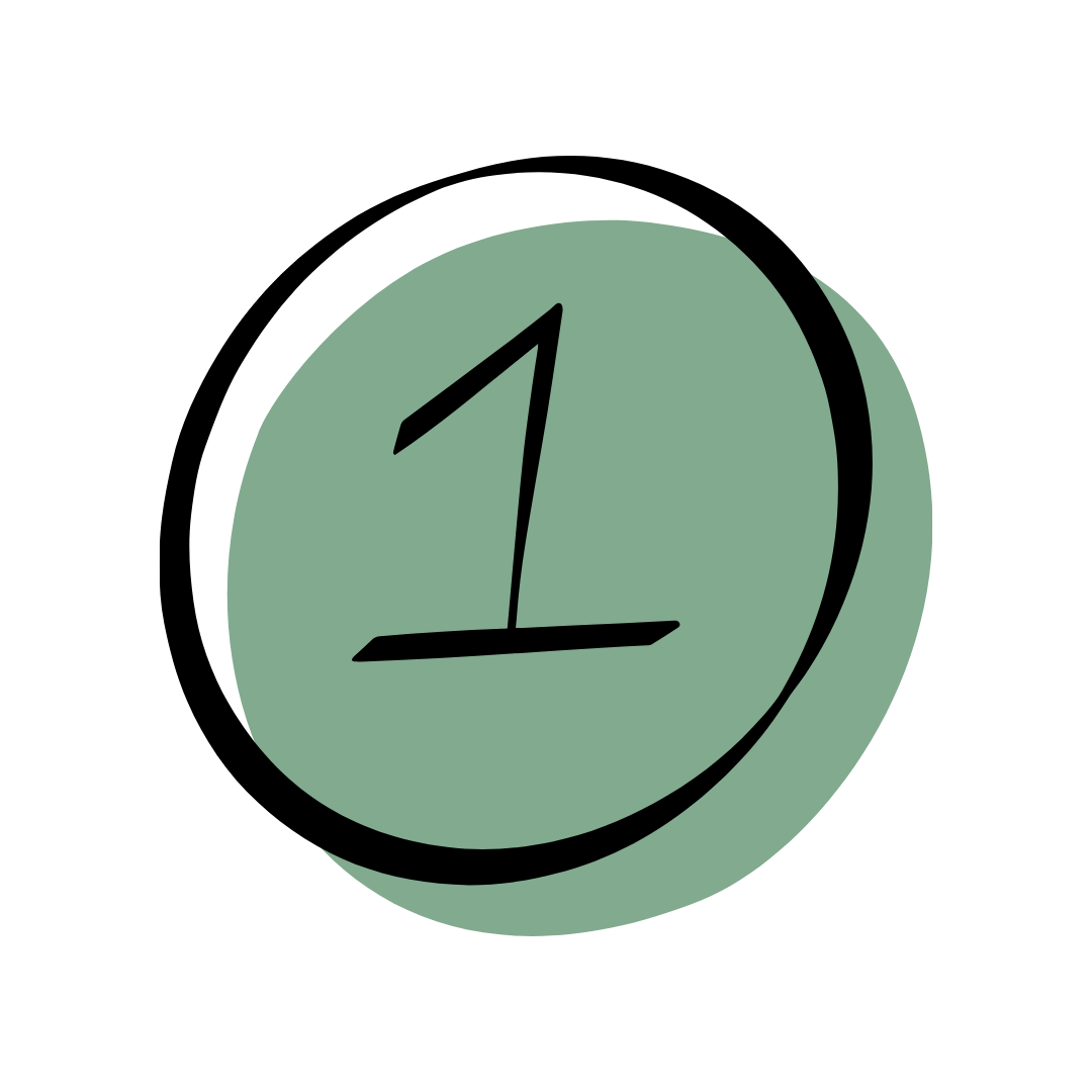 A hand-drawn number one on a muted green circular object against a black background.