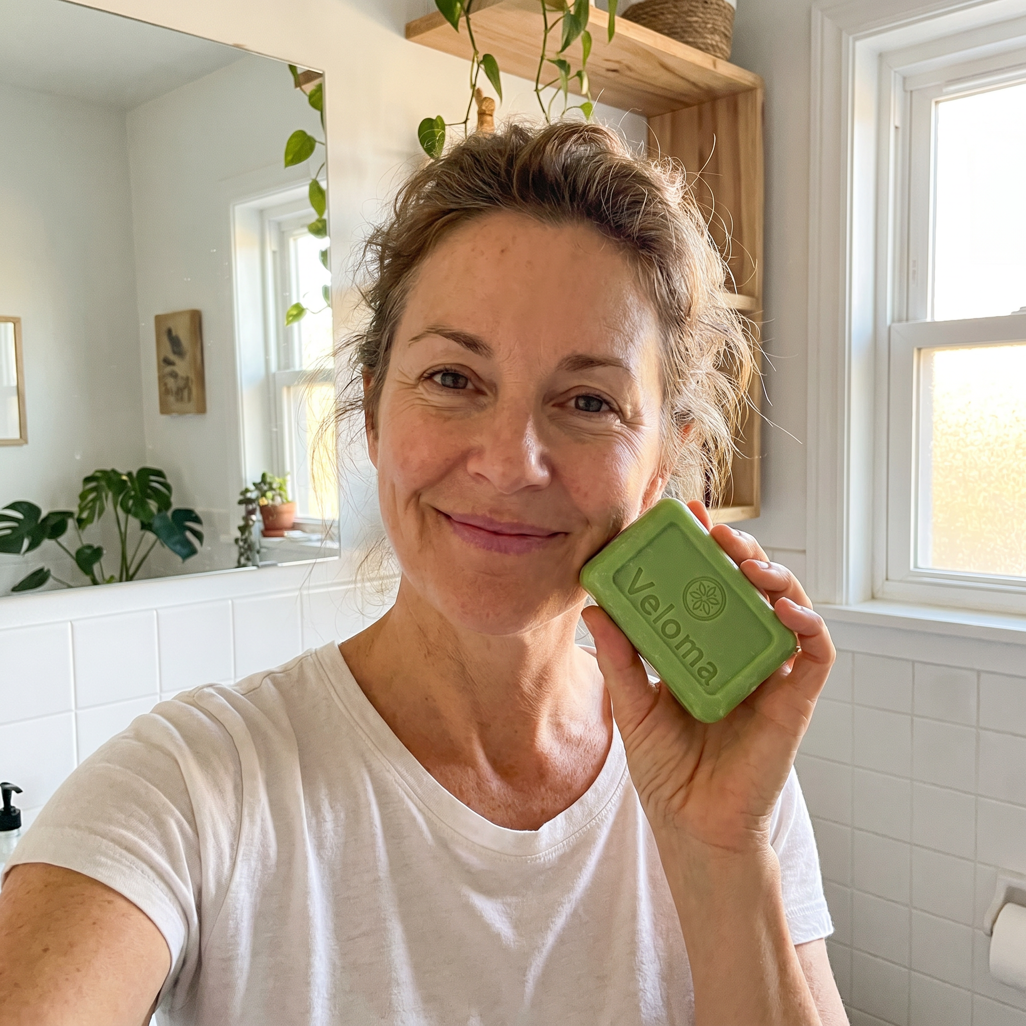 A smiling woman in a white shirt holds a green bar of soap to her cheek in a bathroom.