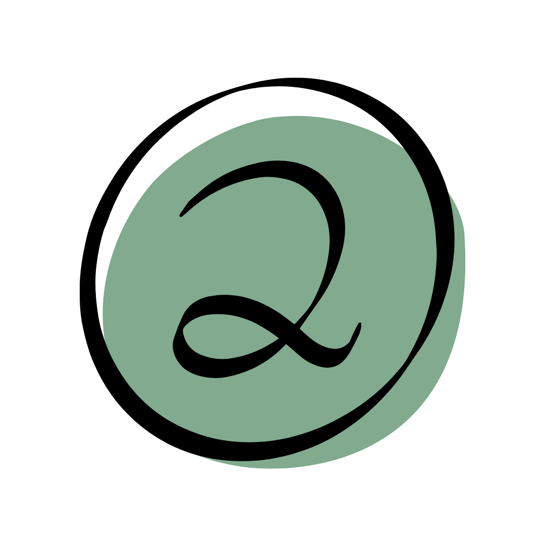 A black calligraphic symbol resembling the number two on a sage green oval against a black background.