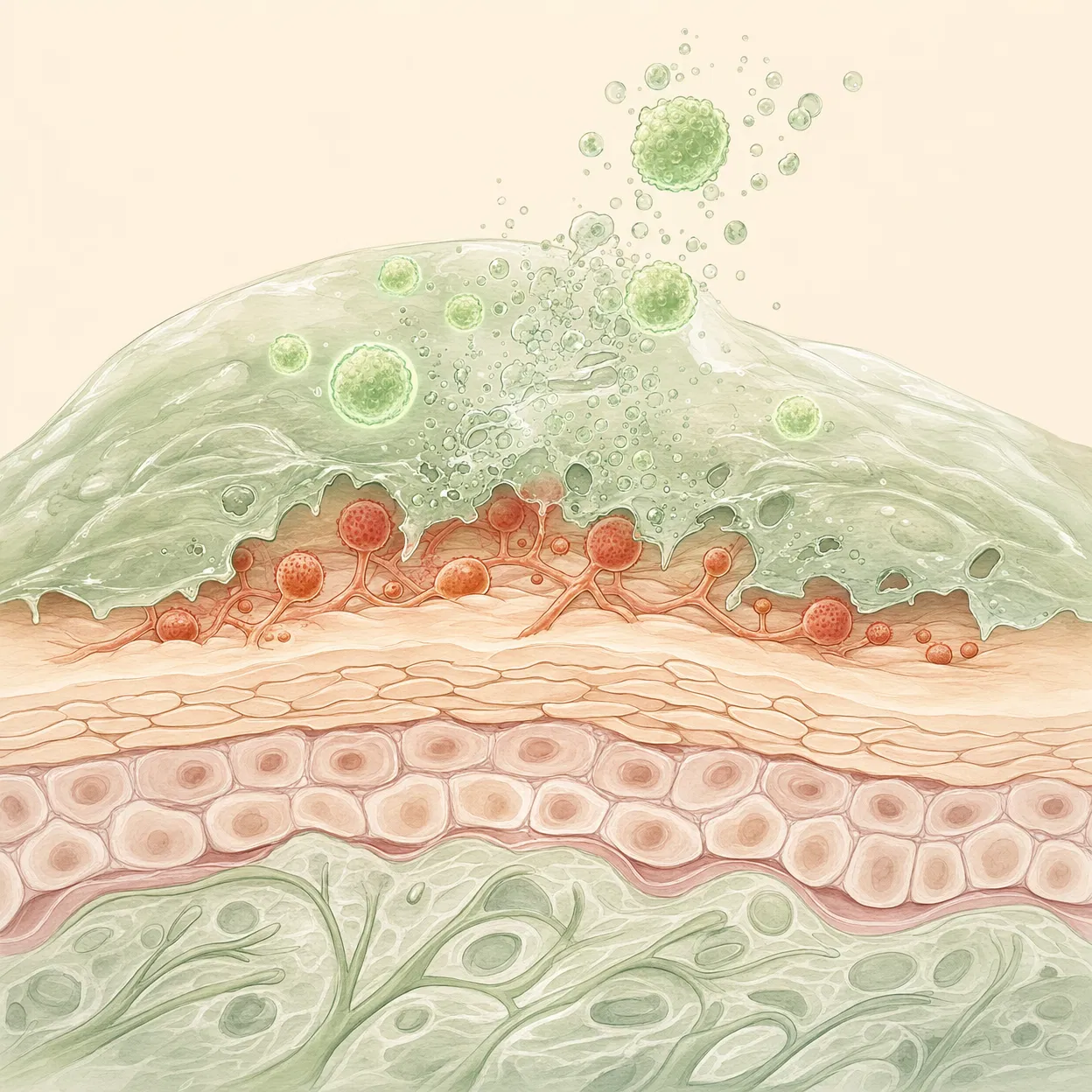 A scientific illustration of a skin cross-section showing a fungal infection and a bubbling green topical treatment.
