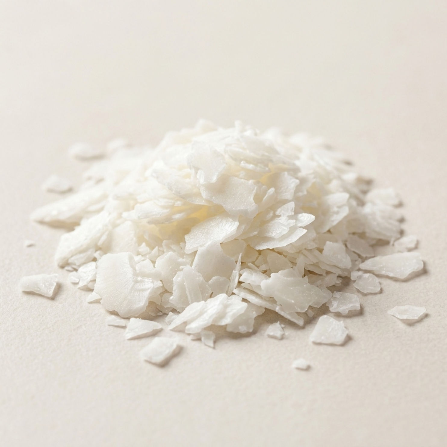 A close-up shot of a small pile of white flakes on a plain, off-white surface.