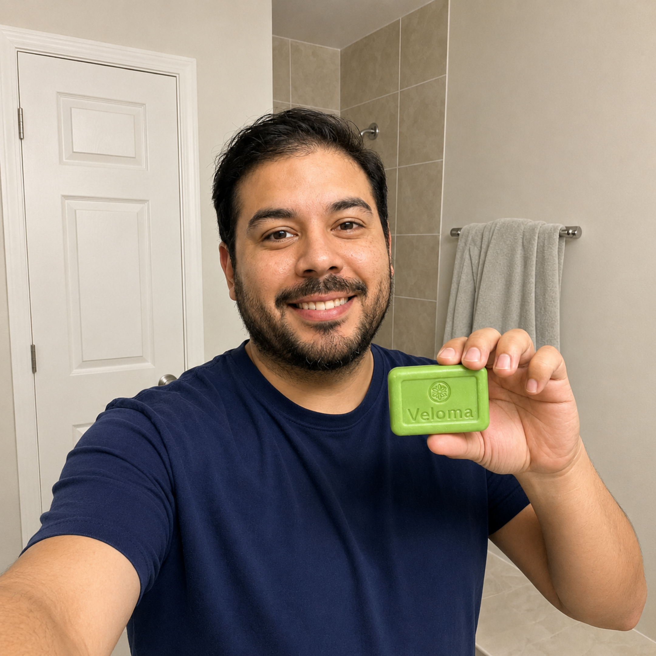 A smiling man in a blue shirt holds up a green bar of Veloma soap in a bathroom.