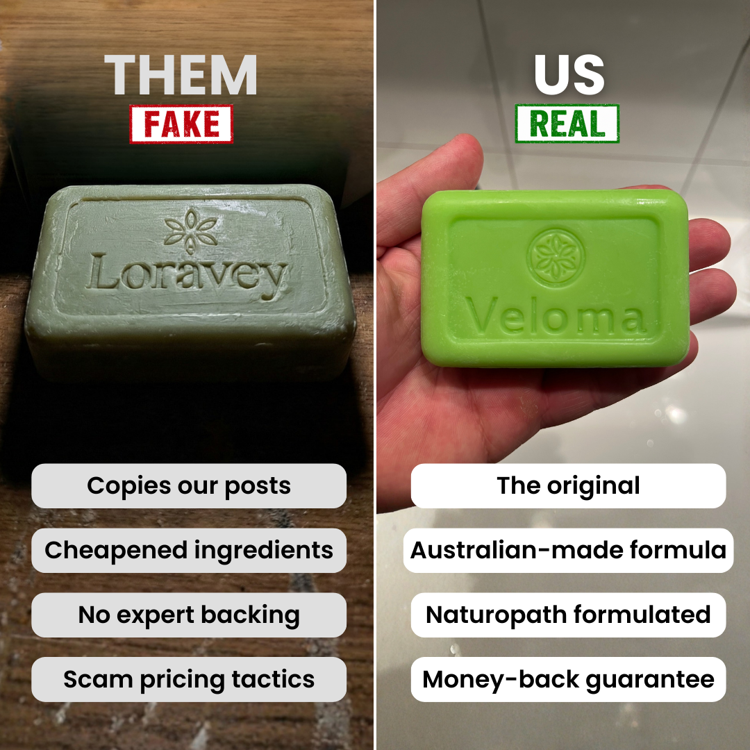 A side-by-side image comparing a 'fake' Loravey soap to the 'real' Veloma soap with their features listed.