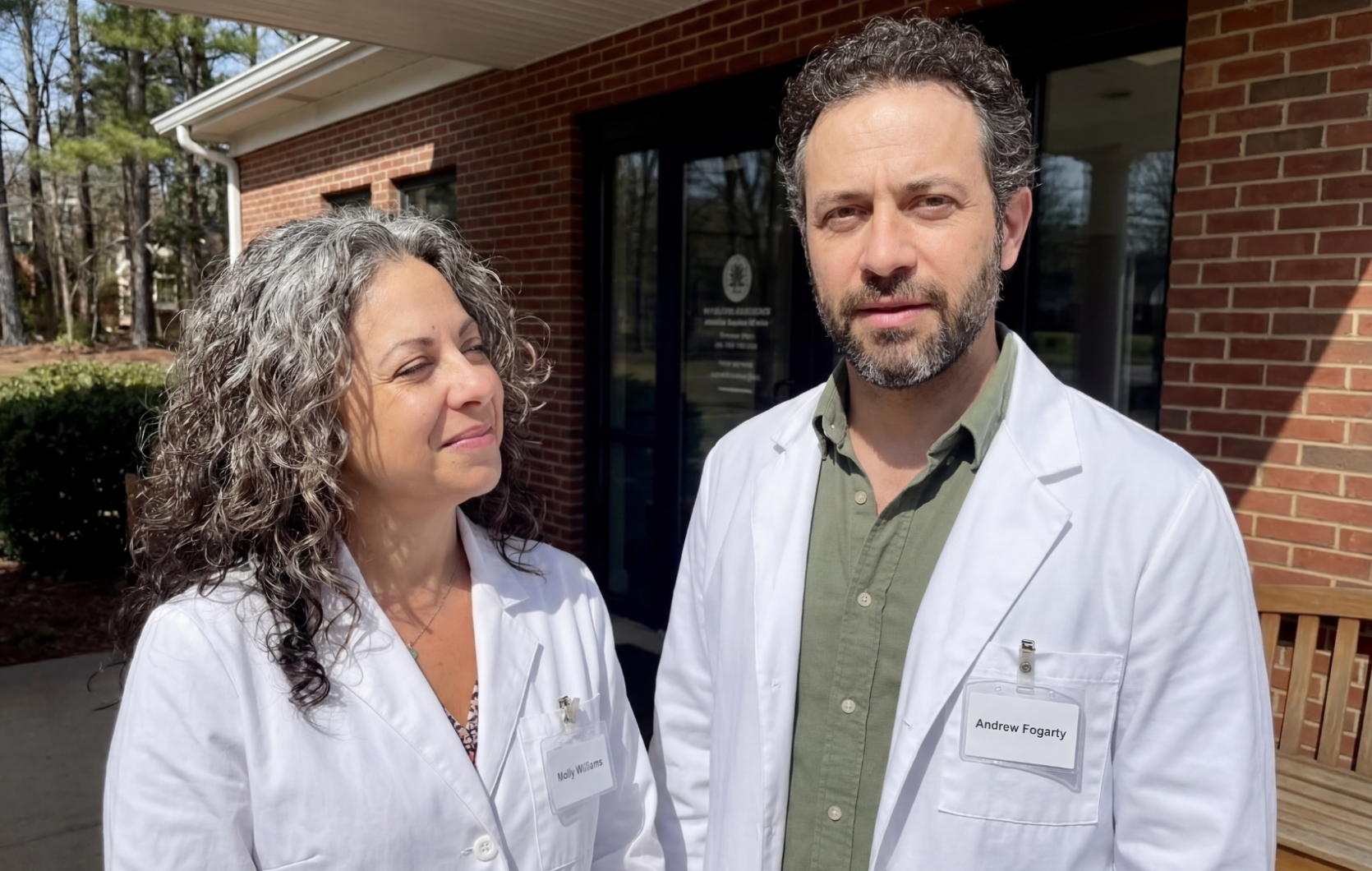 Two people in white lab coats standing outside a brick building.