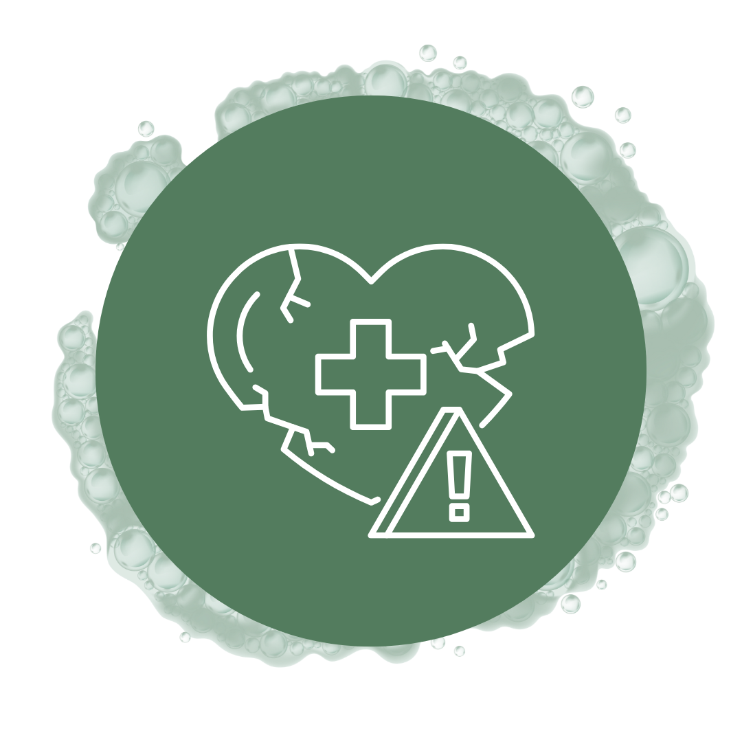 Green circle with a broken heart icon and warning triangle.