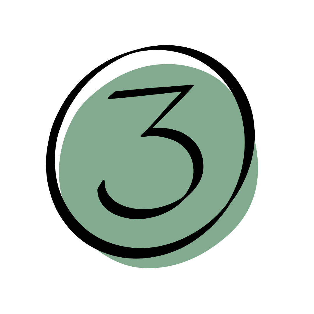 A stylized black number 3 inside a sage green circular shape against a black background.