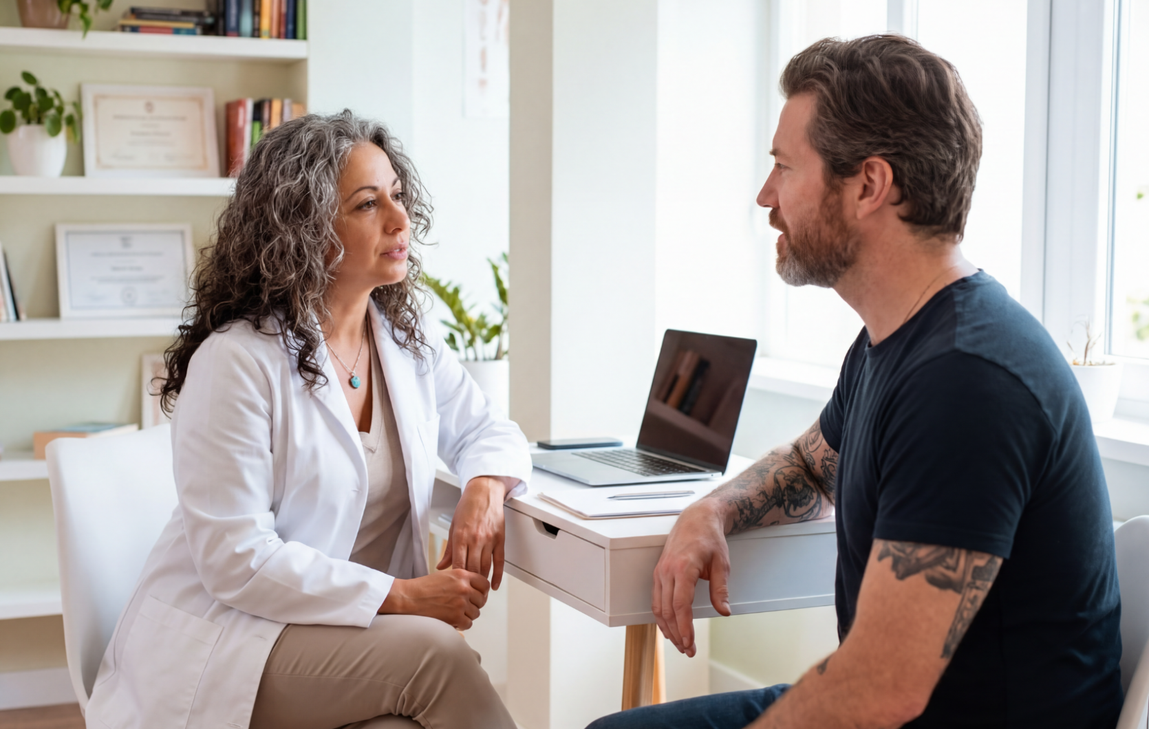 A doctor and a patient talking in an office with a laptop on the desk.