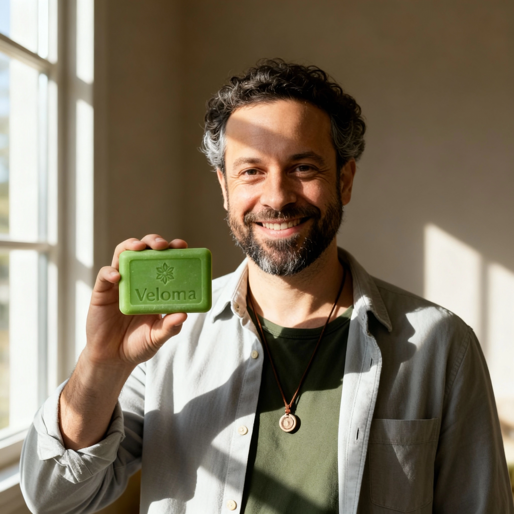 Person holding a green soap labeled 'Veloma', smiling, with sunlight streaming through a window.