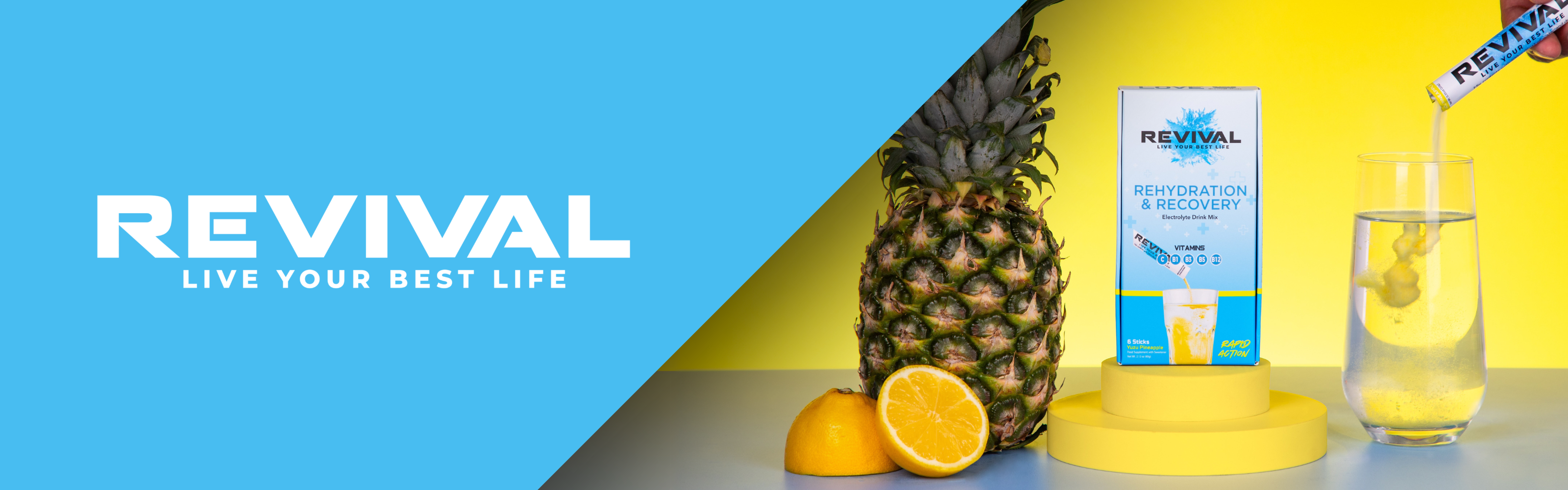 Pineapple, orange, and drink mix with glass on yellow background.