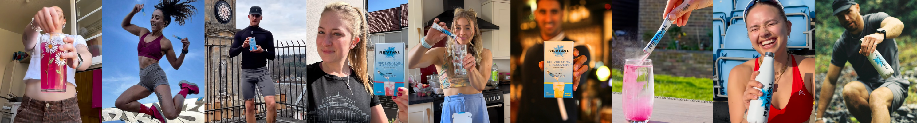 Collage of people holding and using Revival hydration products in various settings.