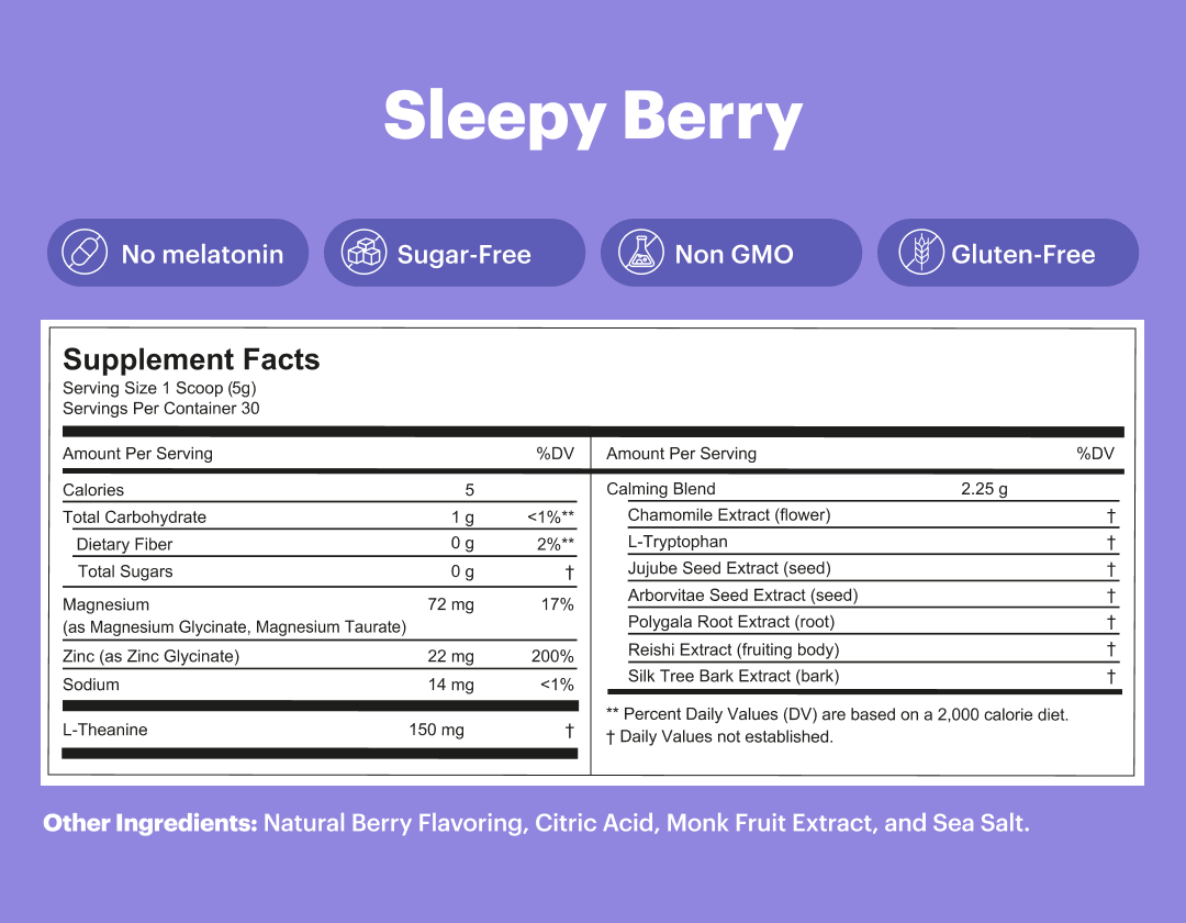 Supplement facts for Sleepy Berry, highlighting no melatonin, sugar-free, non-GMO, and gluten-free features.