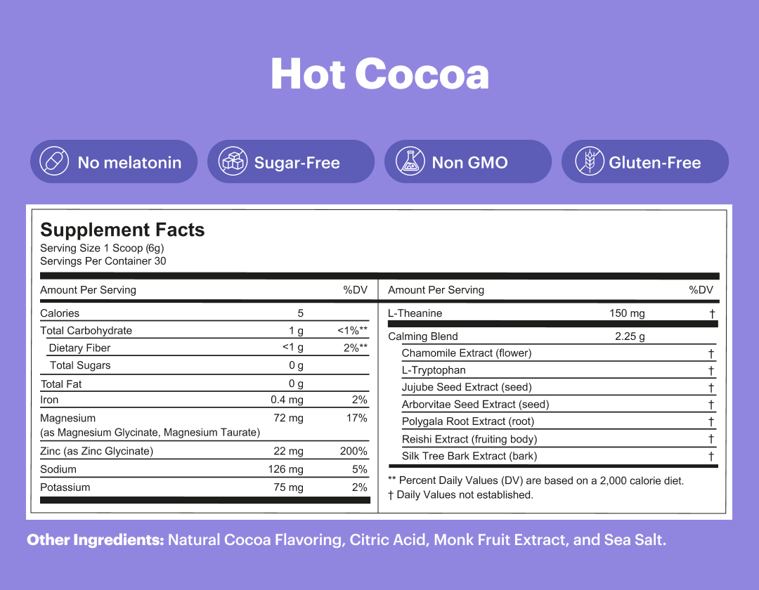 Hot cocoa supplement facts with no melatonin, sugar-free, non-GMO, and gluten-free icons shown.