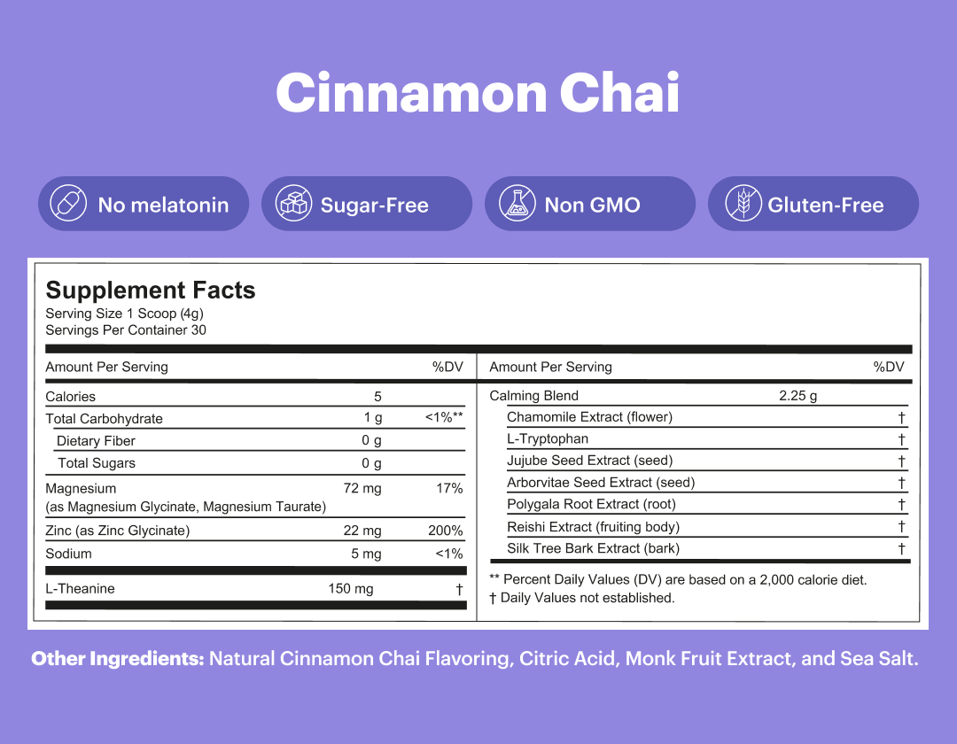 Cinnamon Chai supplement facts, including calming blend ingredients and nutritional info.