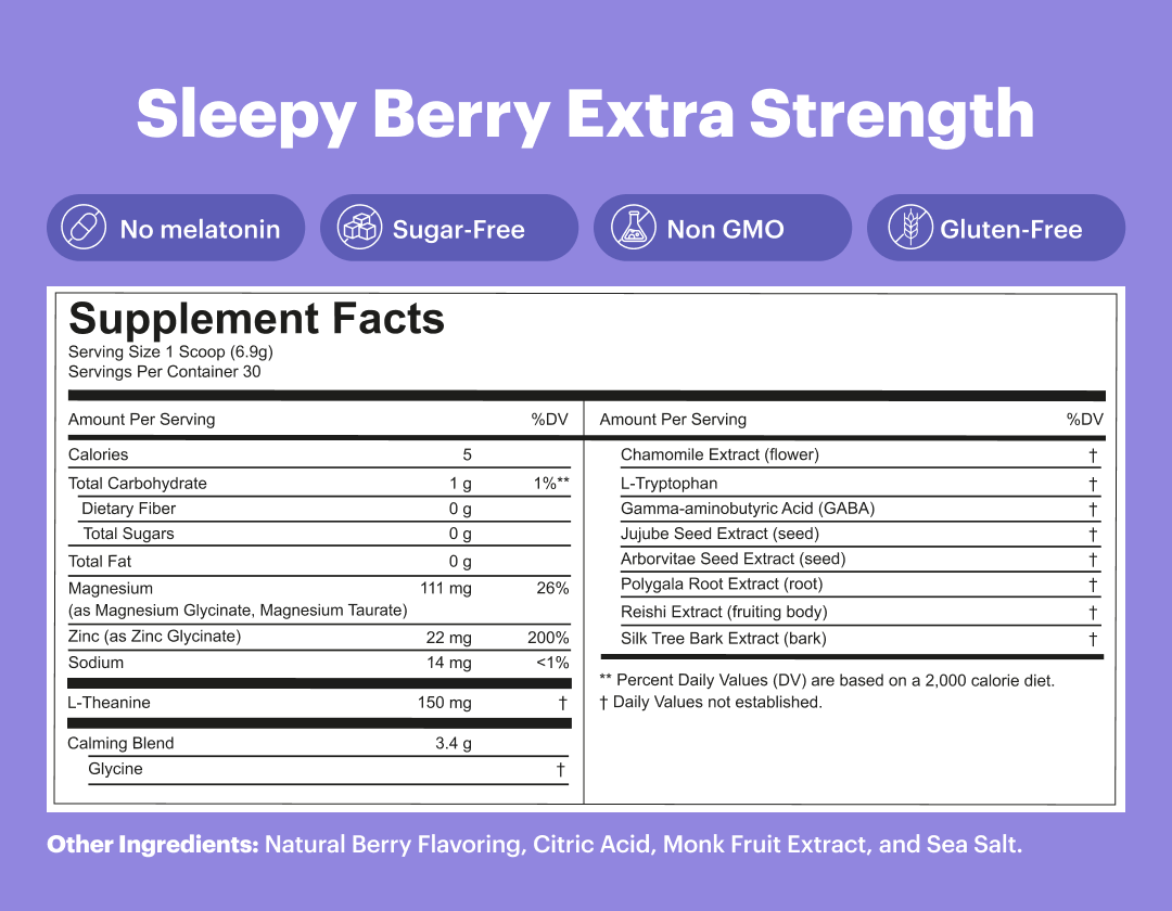 Supplement facts label for Sleepy Berry Extra Strength dietary product.