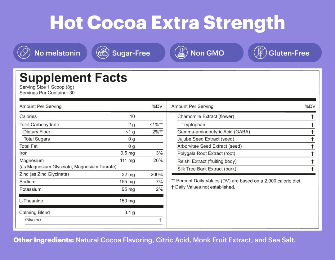 Supplement facts of Hot Cocoa Extra Strength, highlighting ingredients and nutritional information.