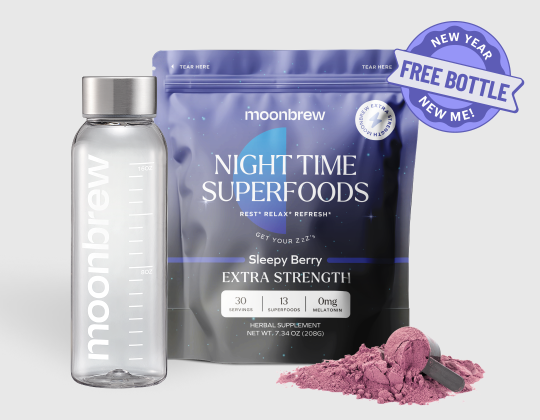 Moonbrew Night Time Superfoods packaging with a glass bottle and berry powder scoop.