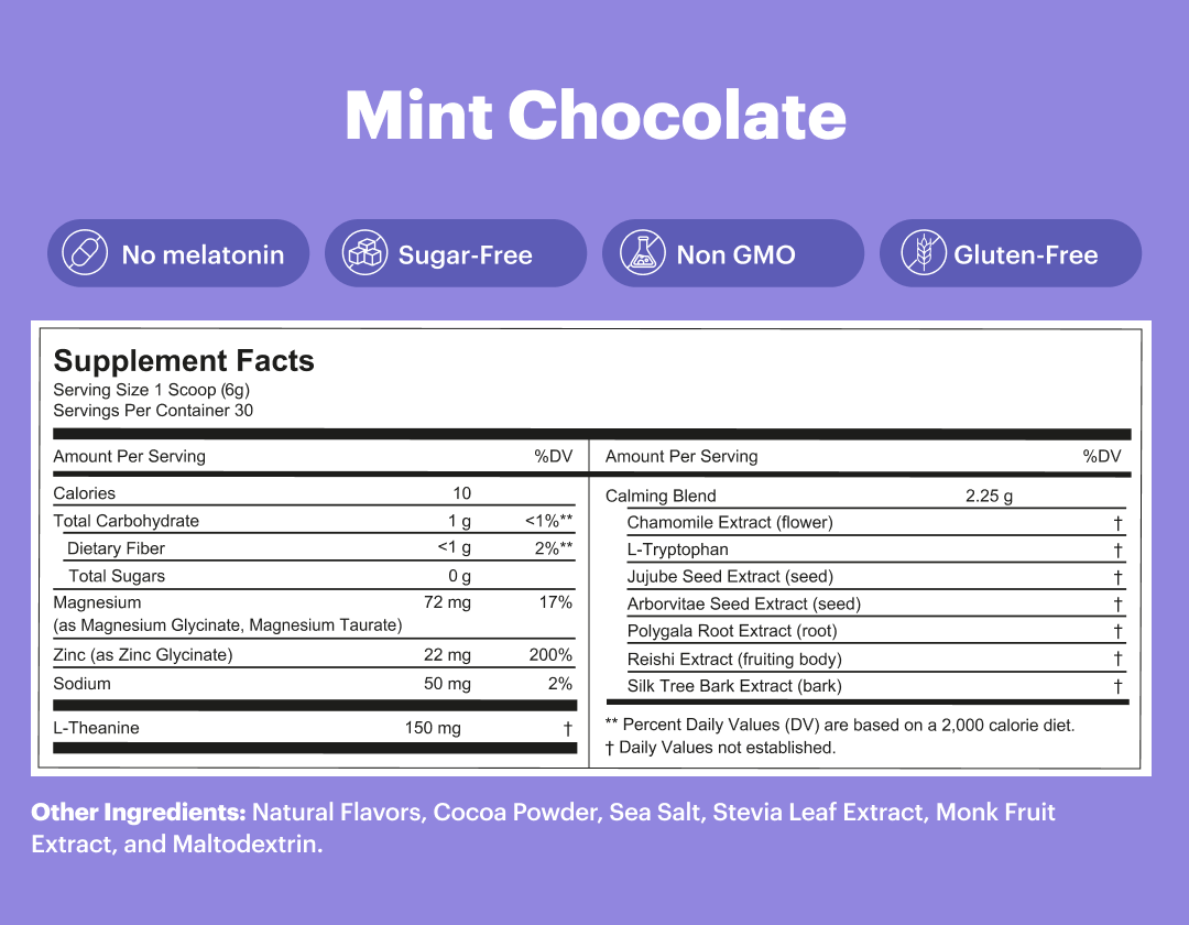 Supplement facts for a mint chocolate product, highlighting no melatonin, sugar-free, non-GMO, and gluten-free.