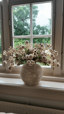 A vase with dried flowers on a windowsill, with a garden view outside.
