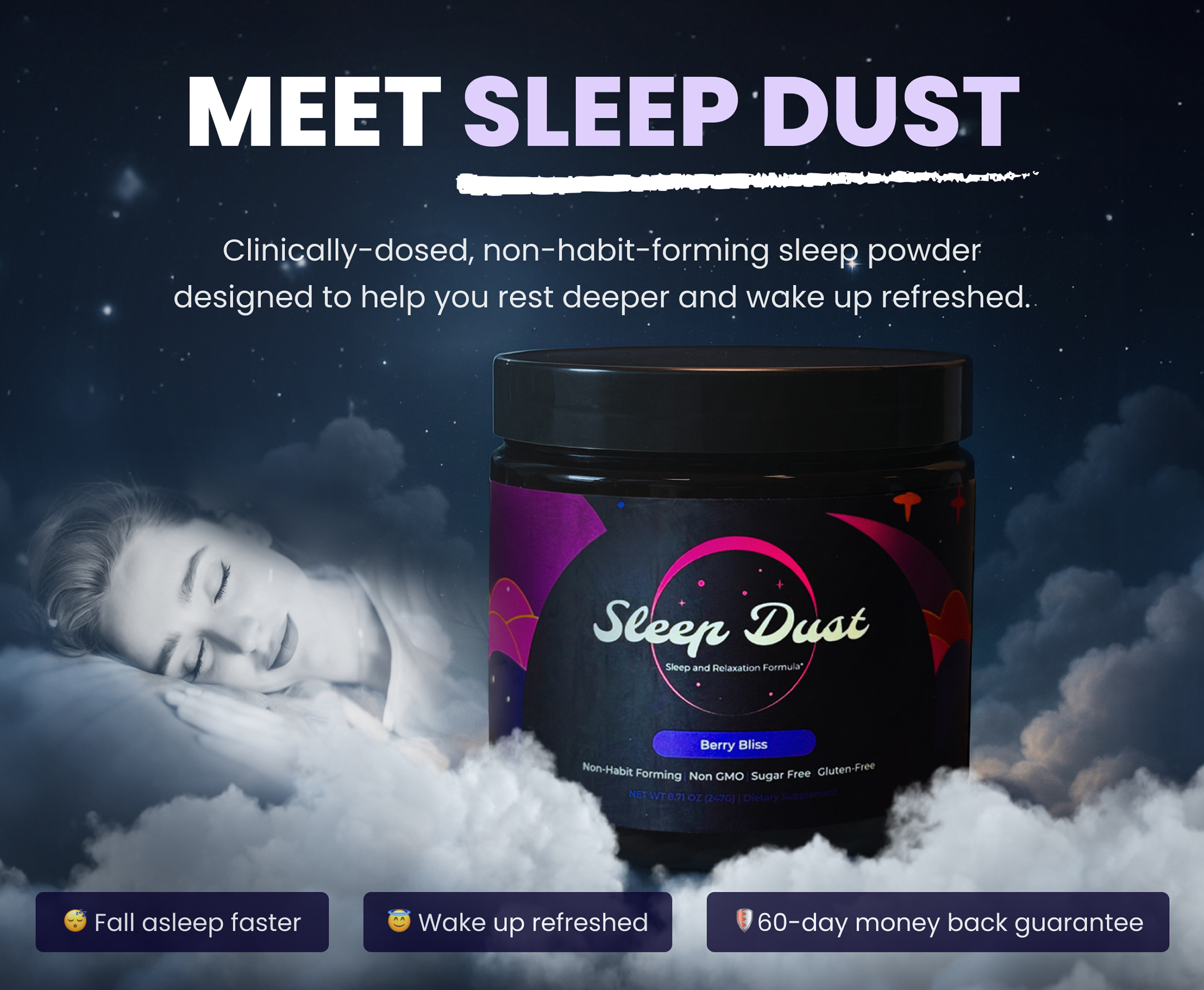 Sleep Dust product image with a sleeping woman and clouds.