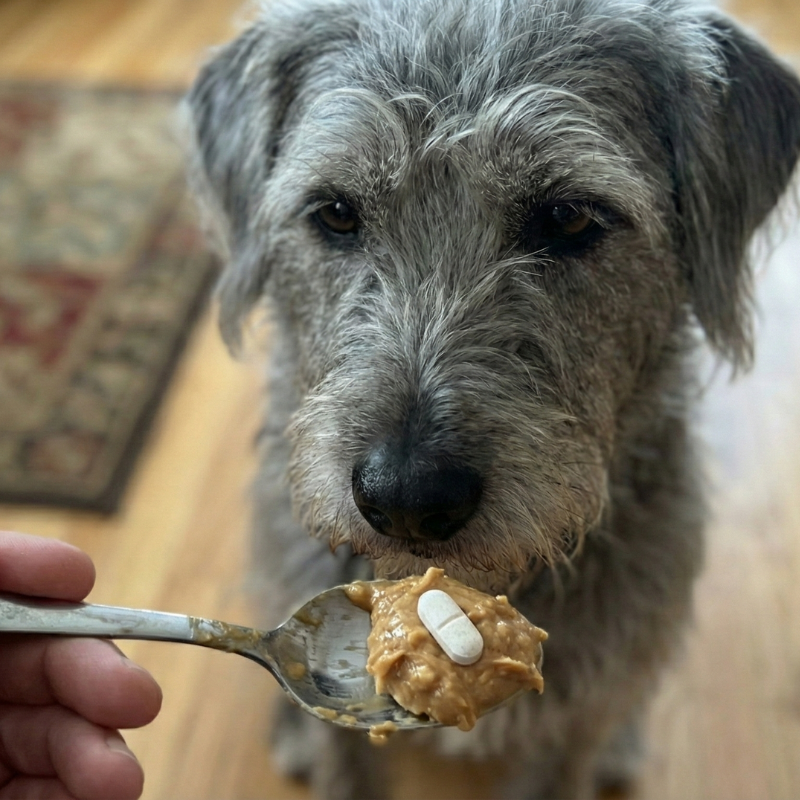 A gray, scruffy dog looks at a spoonful of peanut butter with a pill on it.
