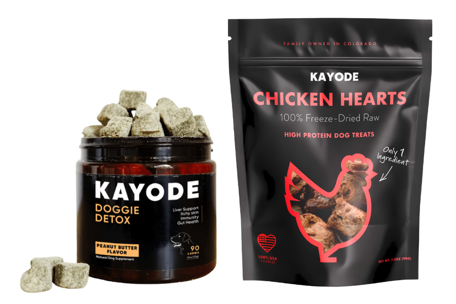 Dog supplements and treats labeled 'Kayode Doggie Detox' and 'Kayode Chicken Hearts.'