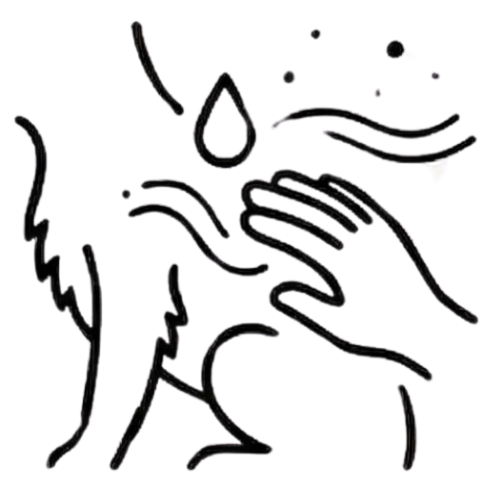 A black and white line drawing of a hand petting a furry animal with a drop above it.