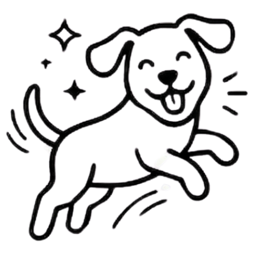 A black and white line drawing of a happy dog jumping mid-air.