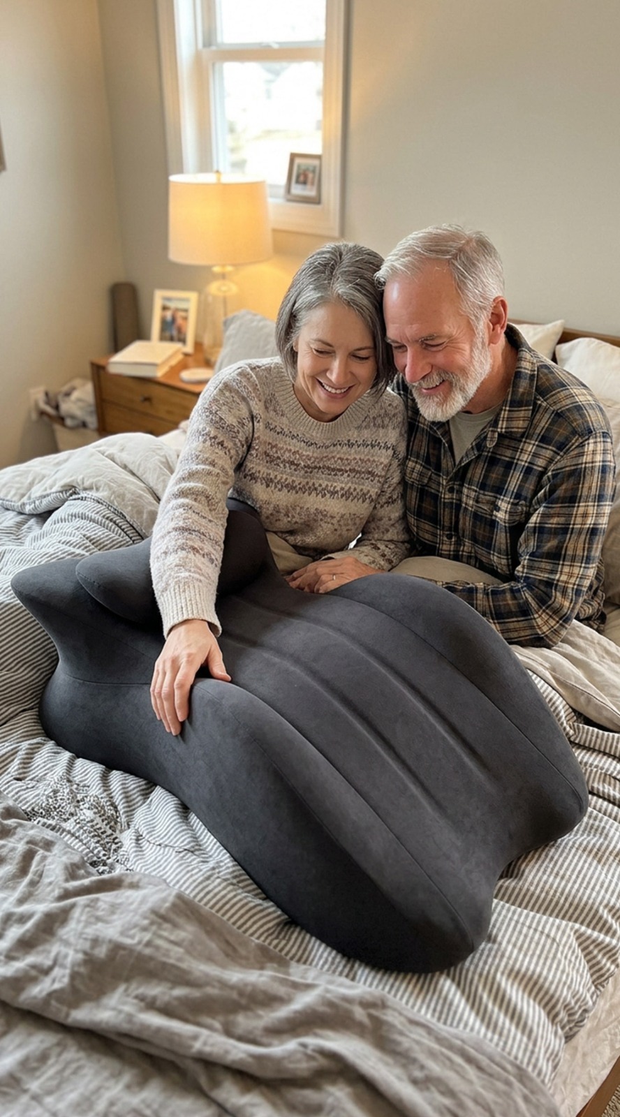 An older couple smiles while sitting on a bed and looking at a large, grey ergonomic pillow.