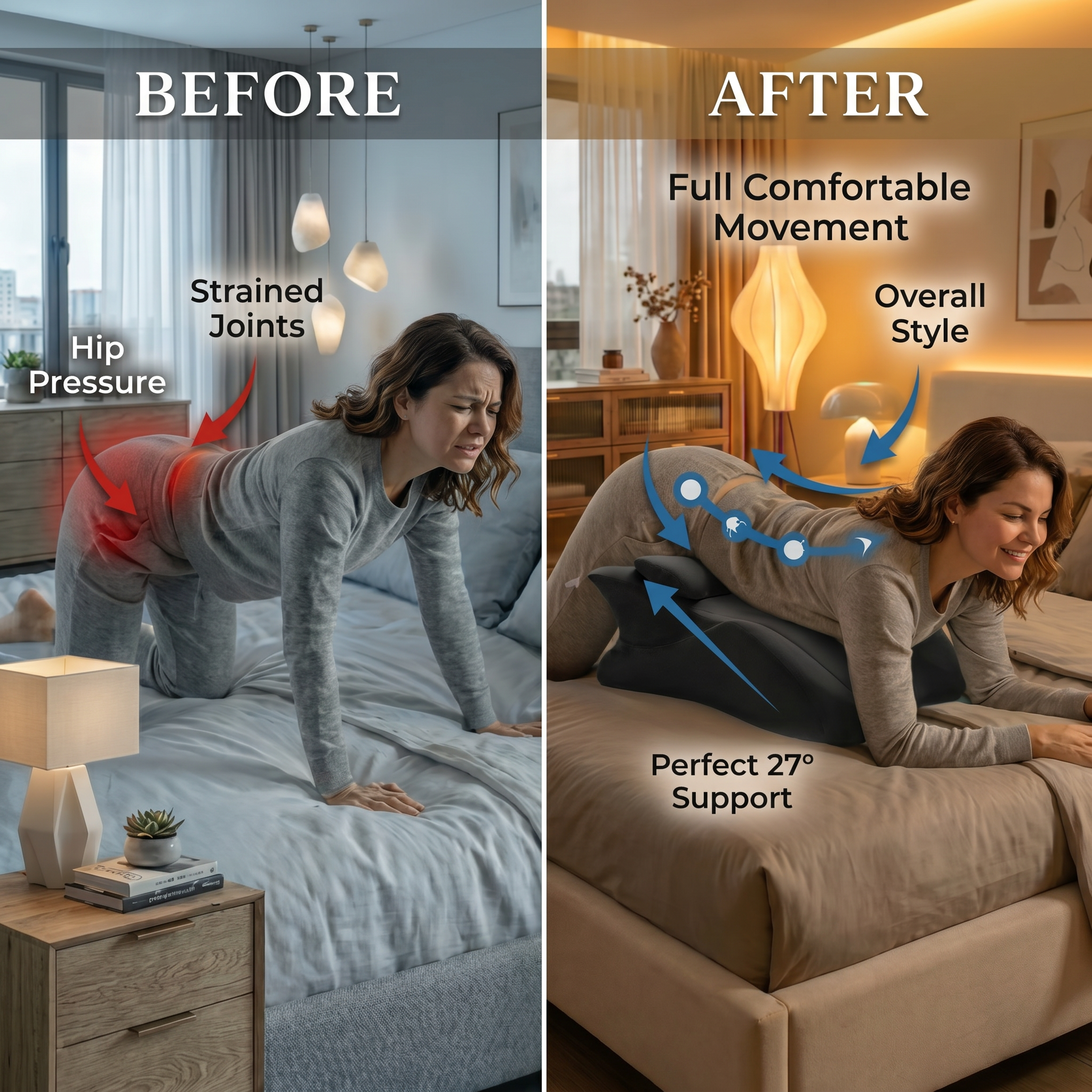 A before-and-after comparison of a woman using a large supportive cushion on a bed for comfort.
