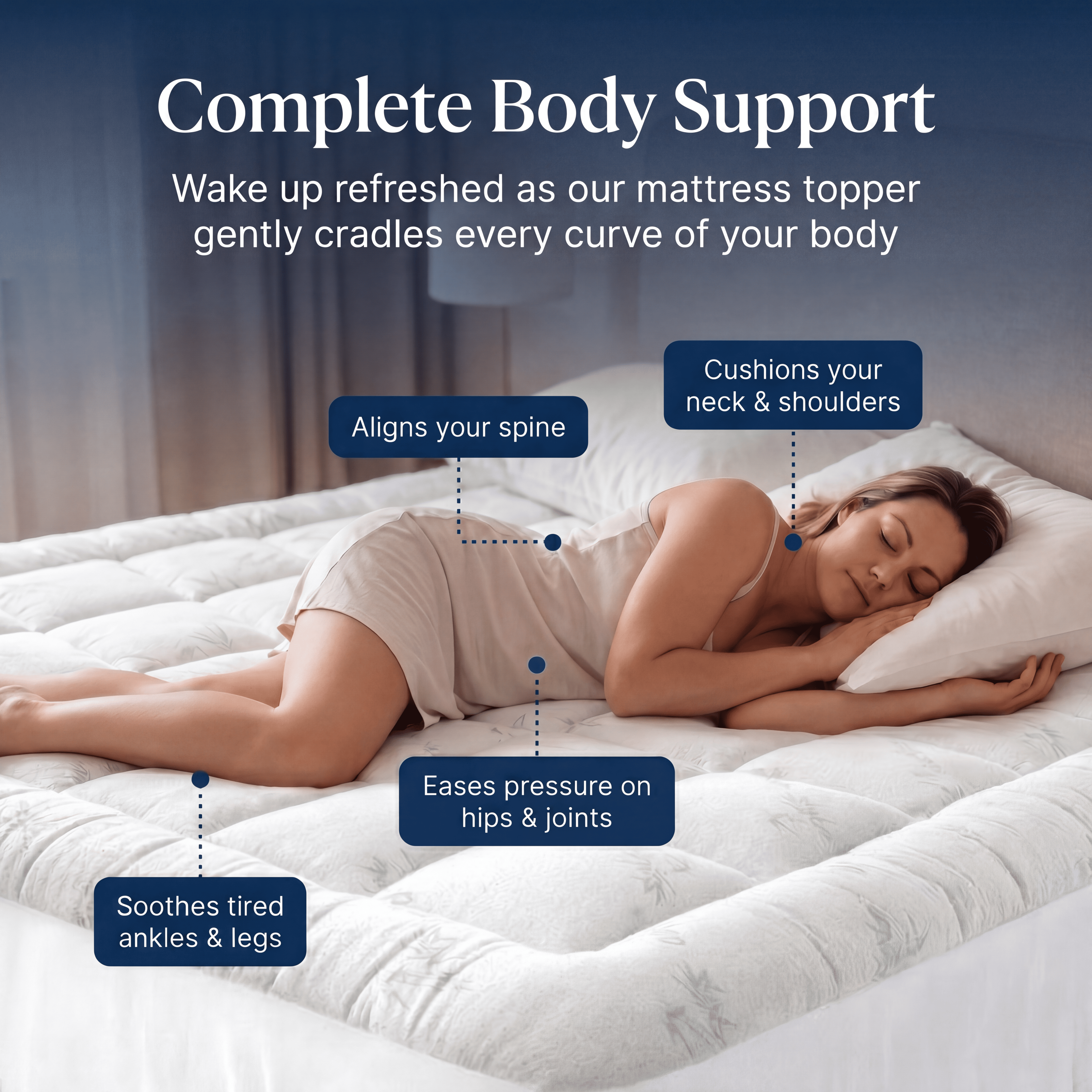 An infographic showing a woman sleeping on a mattress topper and highlighting its body support benefits with text callouts.