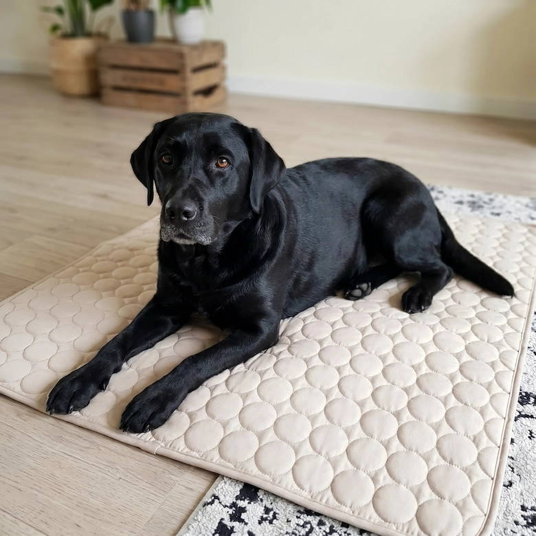A black Labrador retriever lies on a cream-colored quilted mat on a wooden floor, looking at the camera.