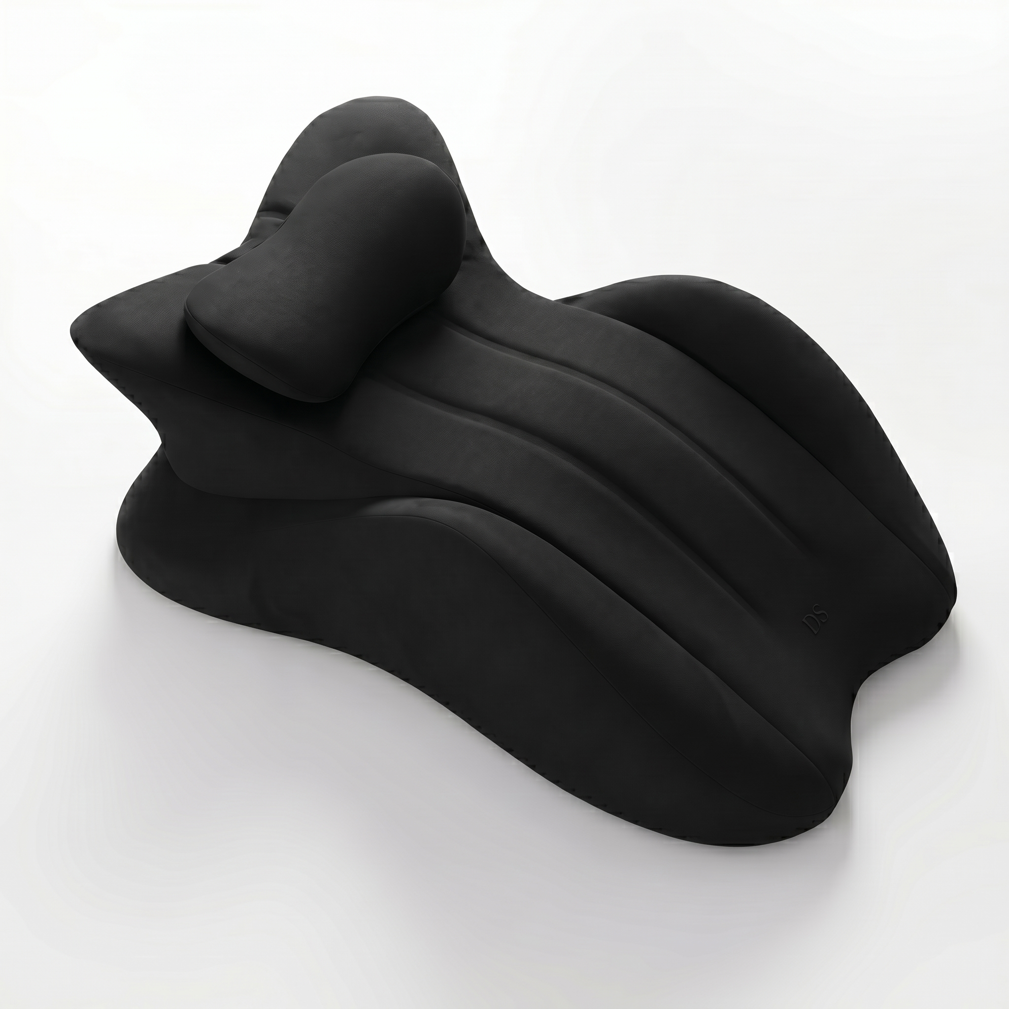 A black, ergonomically-shaped support cushion with a textured surface on a white background.