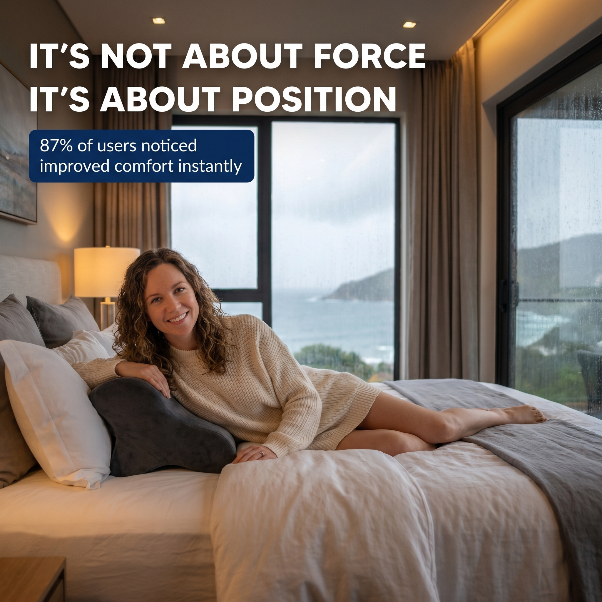 A woman smiles while relaxing on a bed with a grey support pillow, by a window overlooking the ocean.
