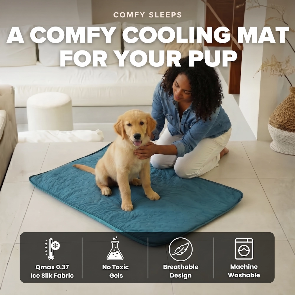 A woman pets a golden retriever puppy sitting on a blue cooling mat in a living room.