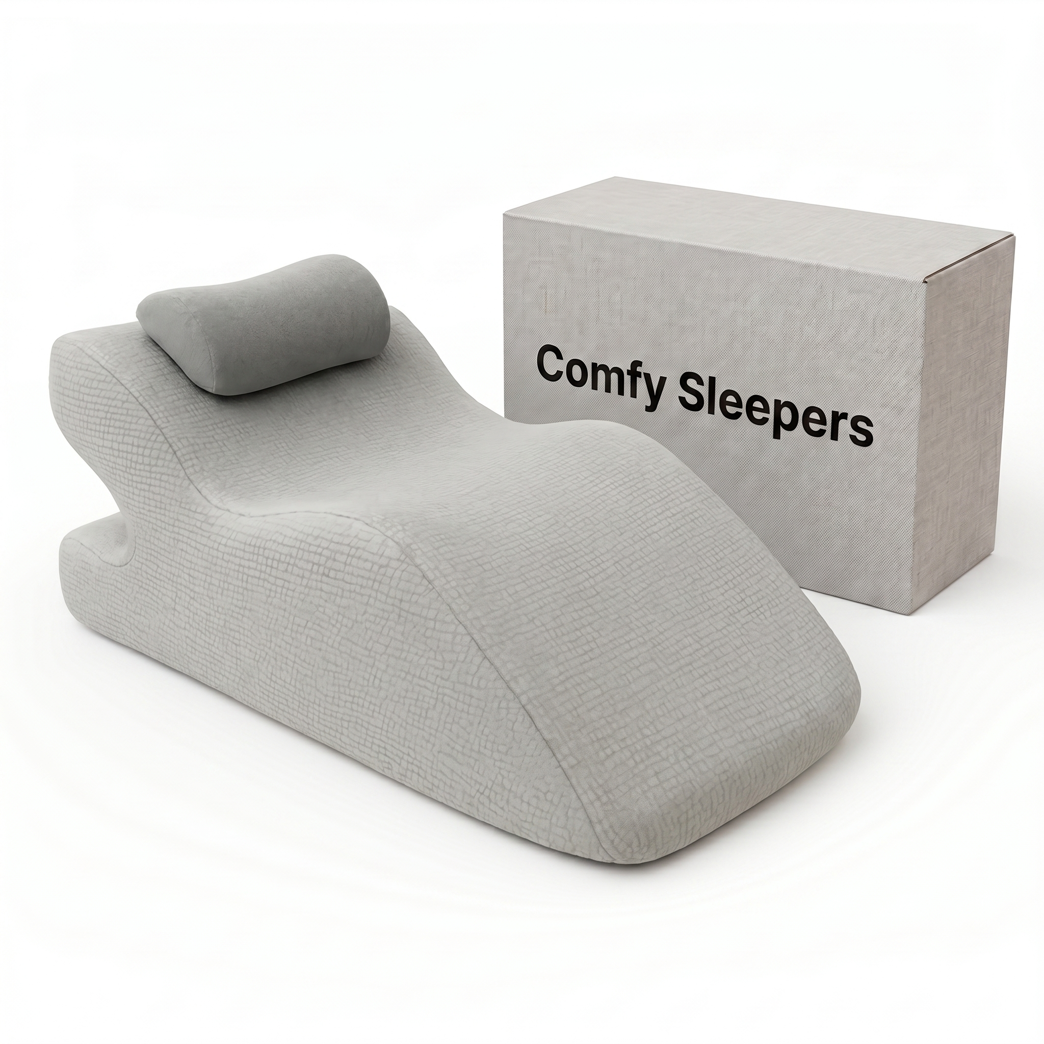 A gray, textured ergonomic pillow with a headrest sits next to its box labeled 'Comfy Sleepers'.