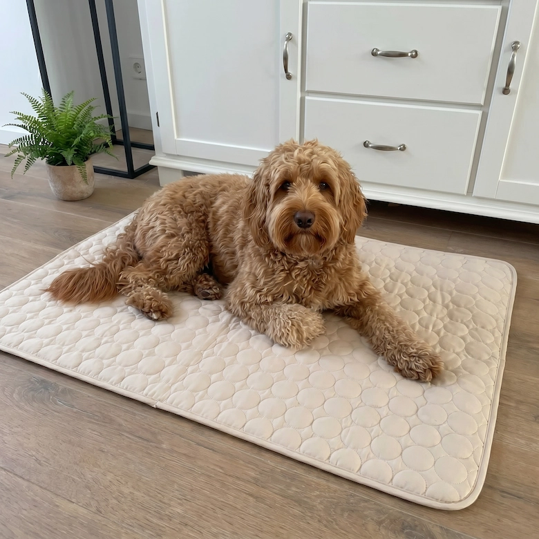 A fluffy, light-brown dog with curly hair lies on a quilted, cream-colored mat on a wood floor.