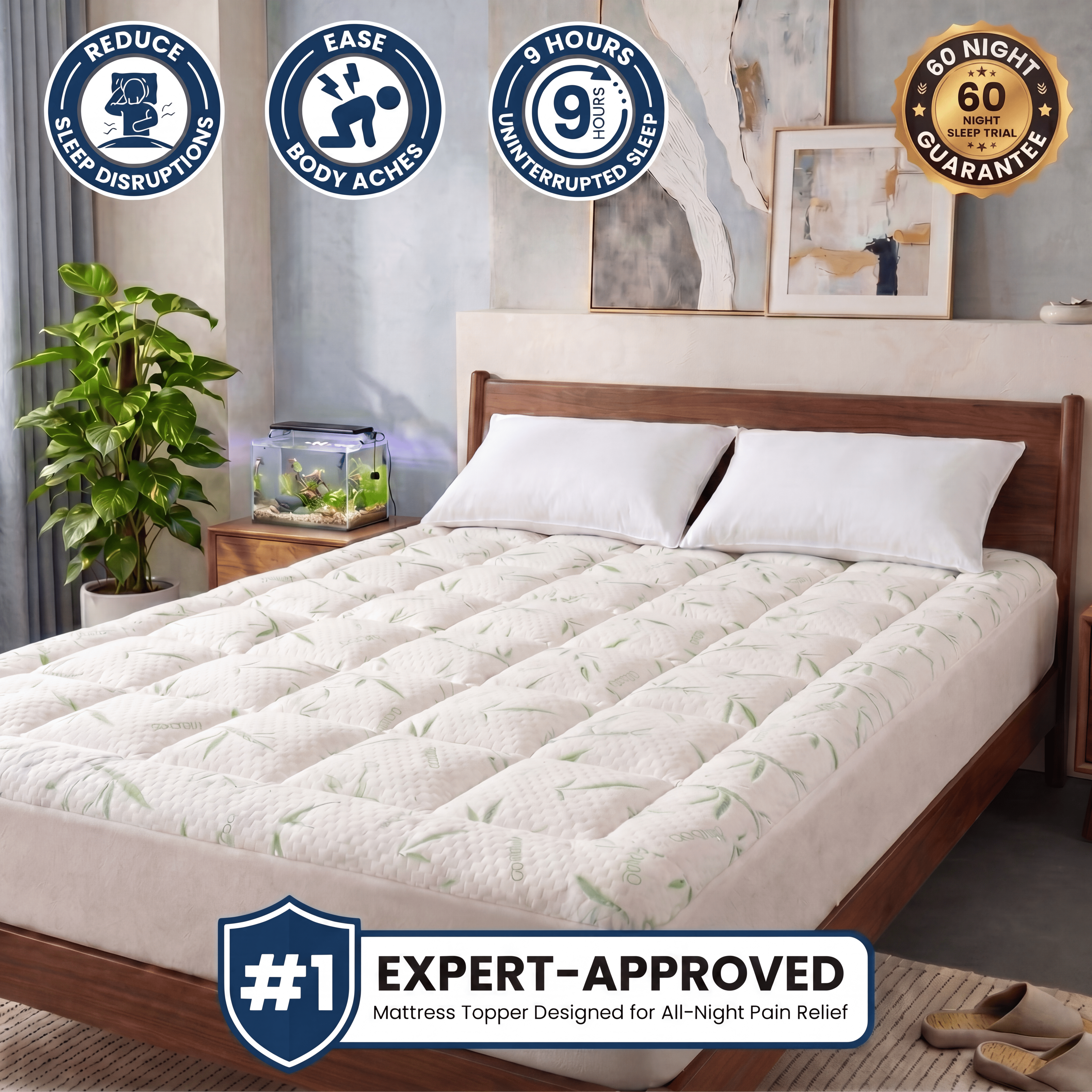 A promotional image of a mattress topper on a bed, with icons advertising sleep and pain relief benefits.