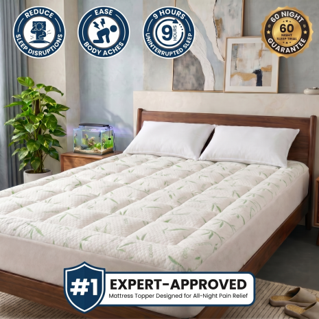 A promotional image of a quilted mattress topper on a bed, with badges highlighting its benefits.