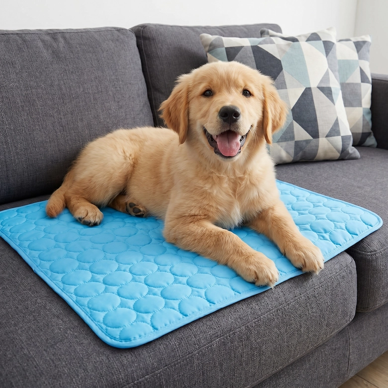 A golden retriever puppy lies on a blue quilted cooling mat on a gray sofa.