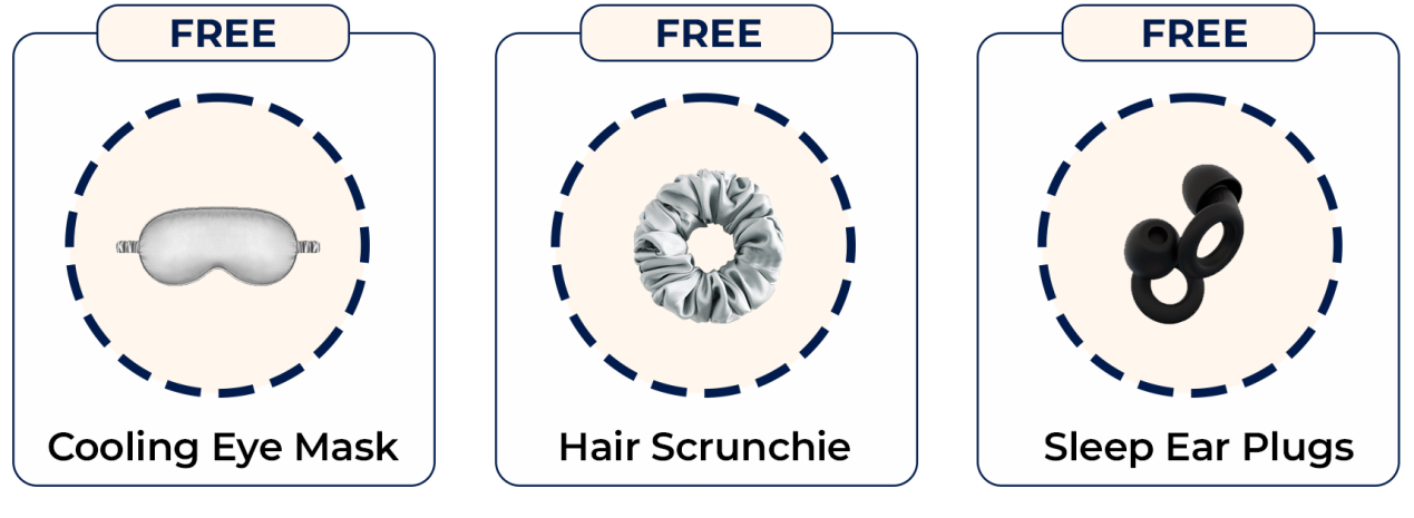 An advertisement for a free cooling eye mask, hair scrunchie, and sleep ear plugs.