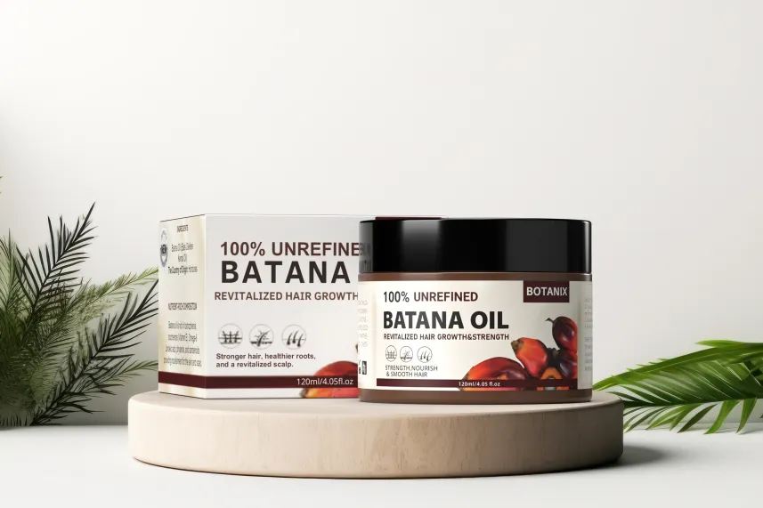 Batana oil product on display with natural foliage in the background.