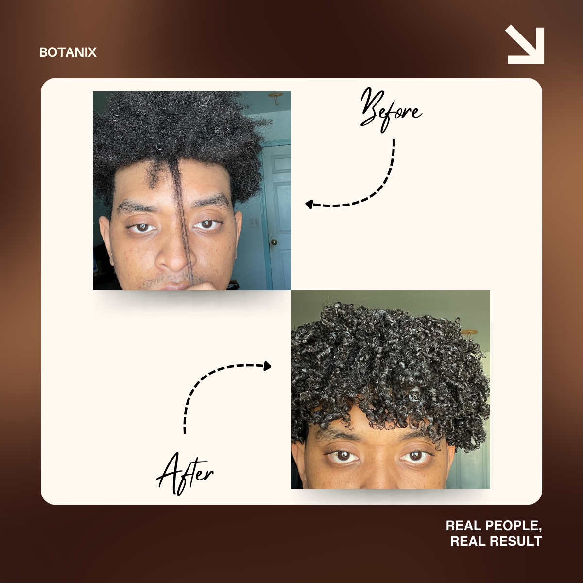 A before and after comparison of a man's hair, showing a transformation from dry to moisturized, defined curls.
